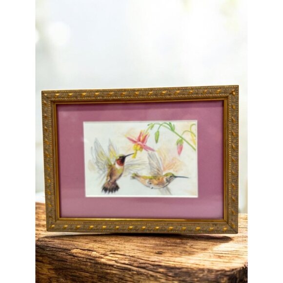 Vintage Gold Ornate Frame Hummingbird Artwork Matted Print - Picture 1 of 10